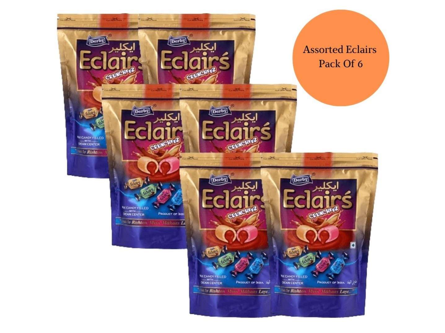Derby Assorted Eclairs, Cruncheez Eclairs - Pack Of 6, 50 pcs each pack, Four Flavors - Elaichi, Milk, Coconut & Rose, Candies, Chocolates, Candy