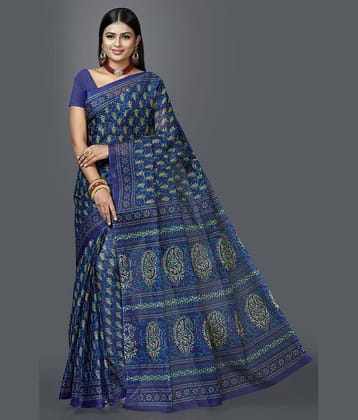 SHANVIKA Cotton Printed Saree Without Blouse Piece ( Blue )