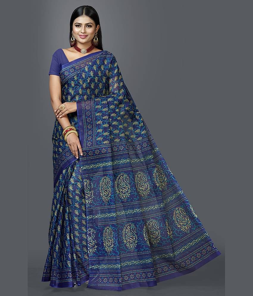 SHANVIKA Cotton Printed Saree Without Blouse Piece ( Blue )