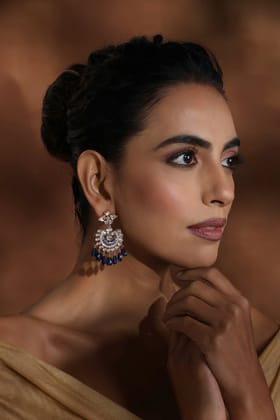 Mahem Blue Polki Chandbali Earrings-Polki