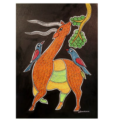 Handcrafted Gond Antelope with Birds Painting | Traditional Tribal Folk Art of Madhya Pradesh Handcrafted Gond Antelope with Birds Painting | Traditional Tribal Folk Art of Madhya Pradesh