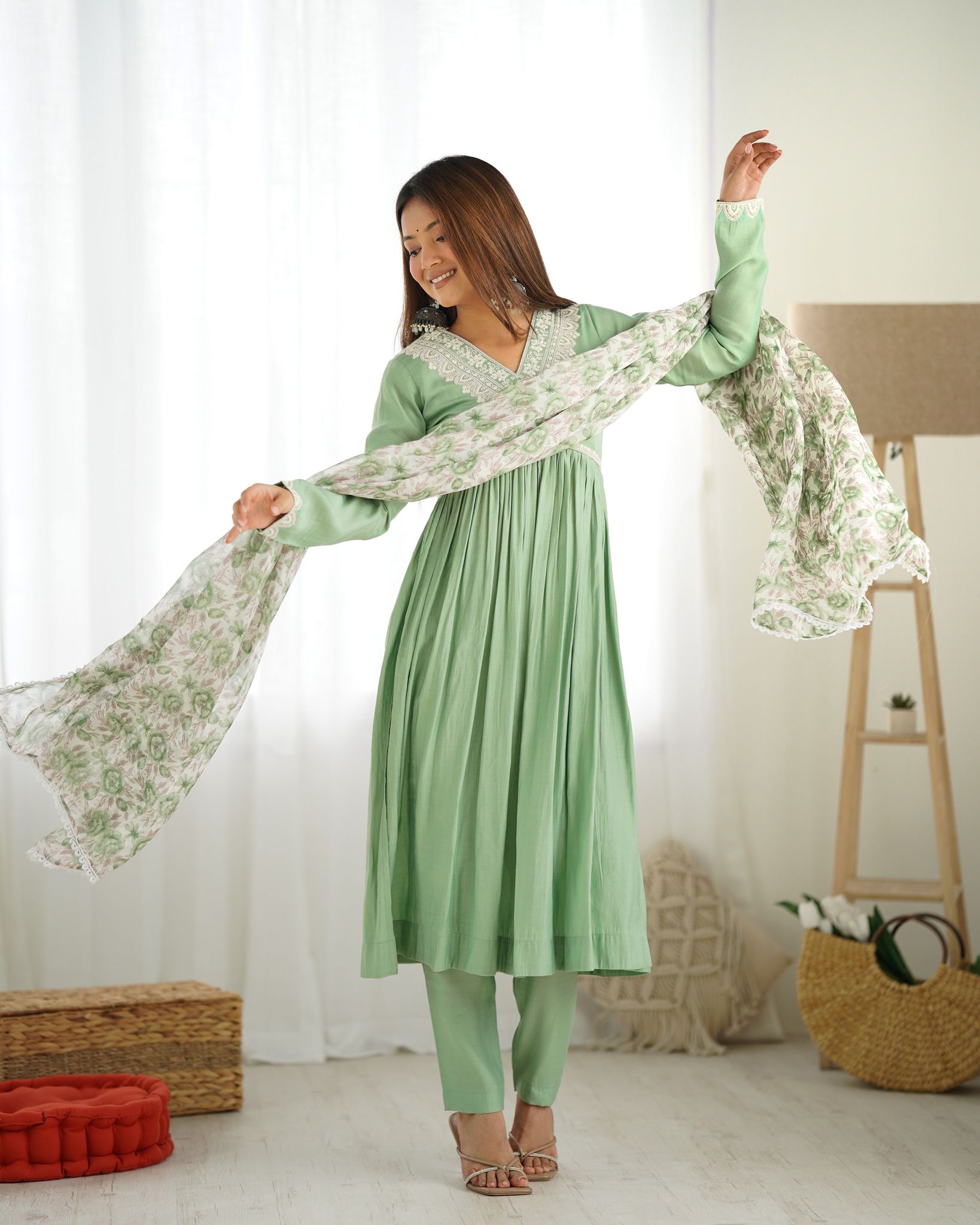 Mint Green Roman Silk Nyra Kurta Set with Floral Dupatta-xs