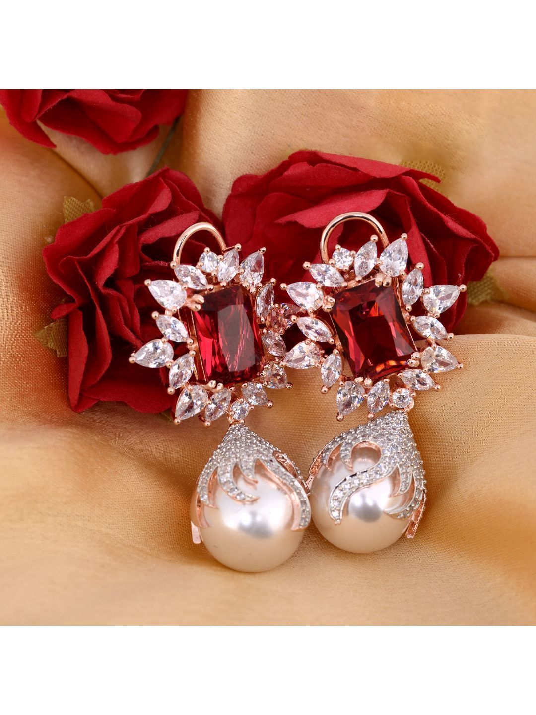 Royal Ruby studded pearl drop earrings