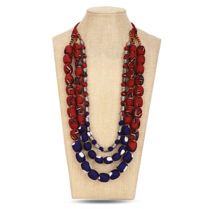 3 layer fabric beaded necklace in ajrakh & bandhni