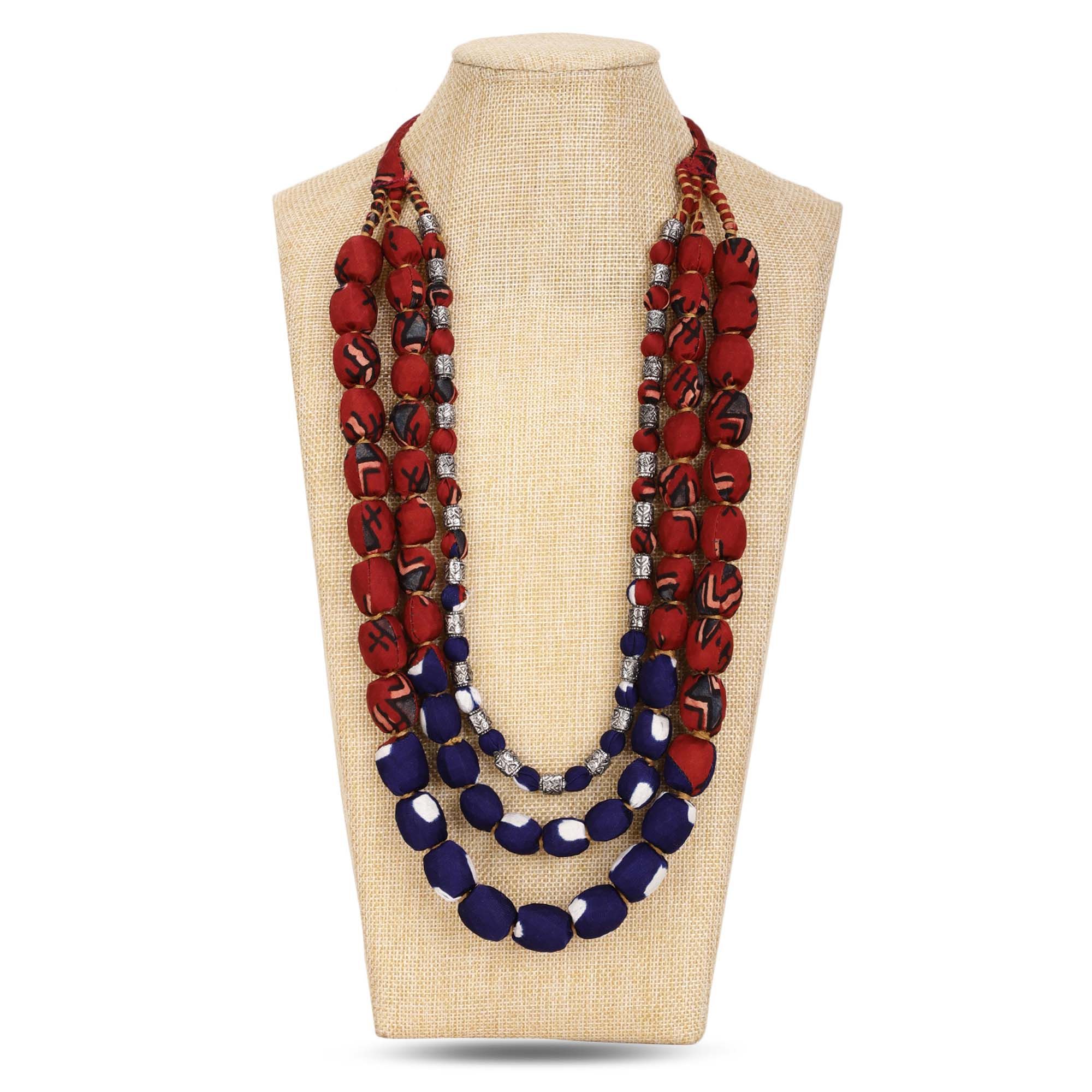 3 layer fabric beaded necklace in ajrakh & bandhni