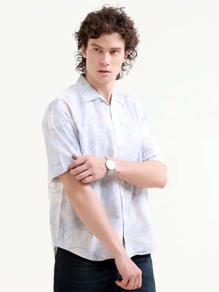 Mirajo Dusky Blue Printed Oversized Shirt-M