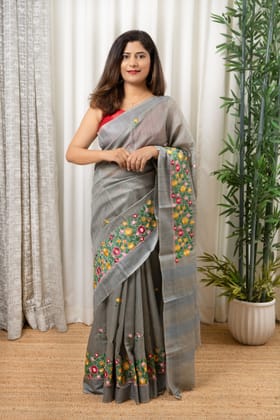 Embroidered Banswara Linen Silk Saree - Light Grey