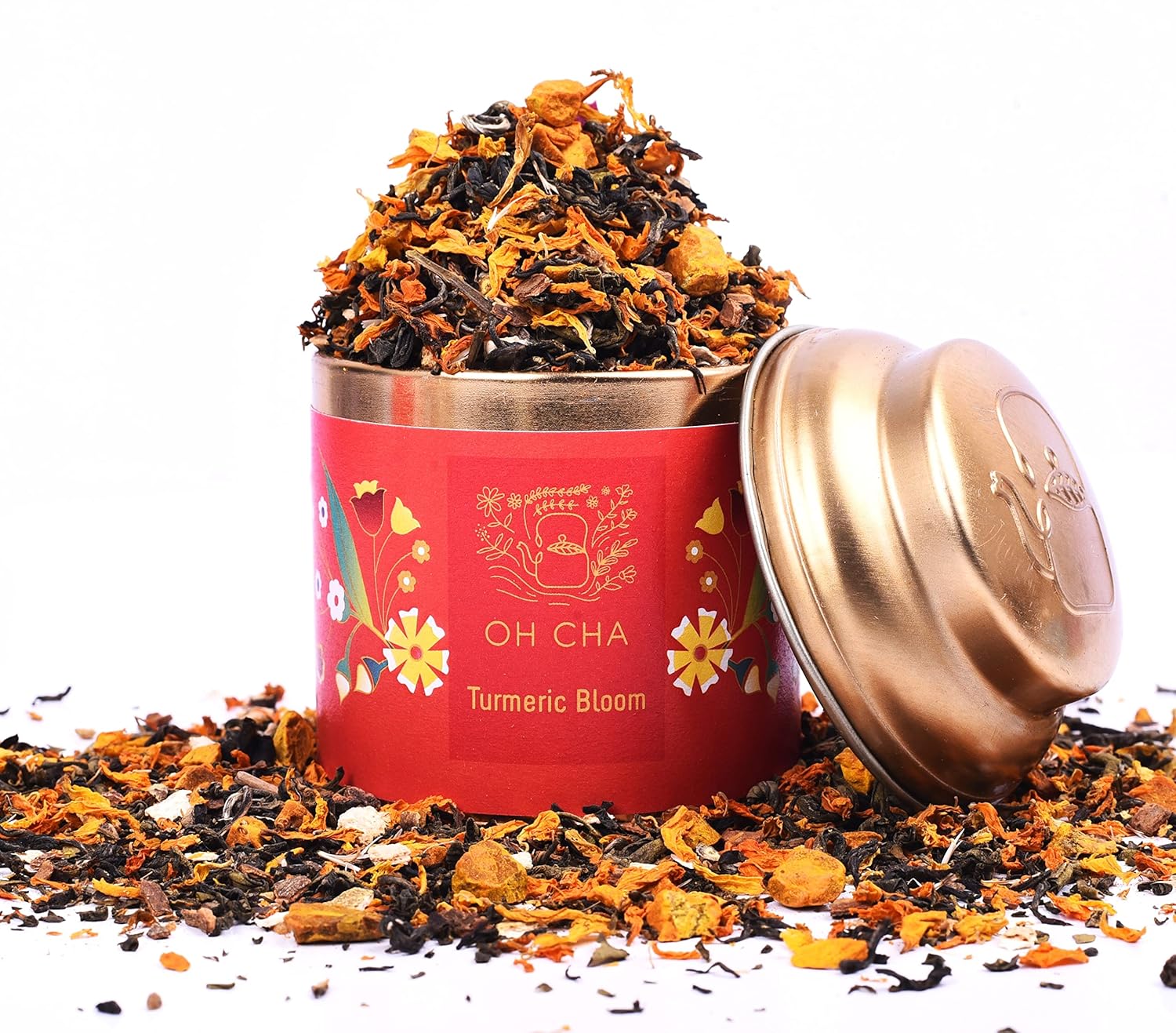 Oh Cha Turmeric Green Tea | 100% Whole Green Tea Leaves with Marigold, Black Pepper & Lemon peels | Golden Milk, Caffeine Free Tea |Can Use As Turmeric Latte | Herbal Tea for Weight Loss, 35 gm