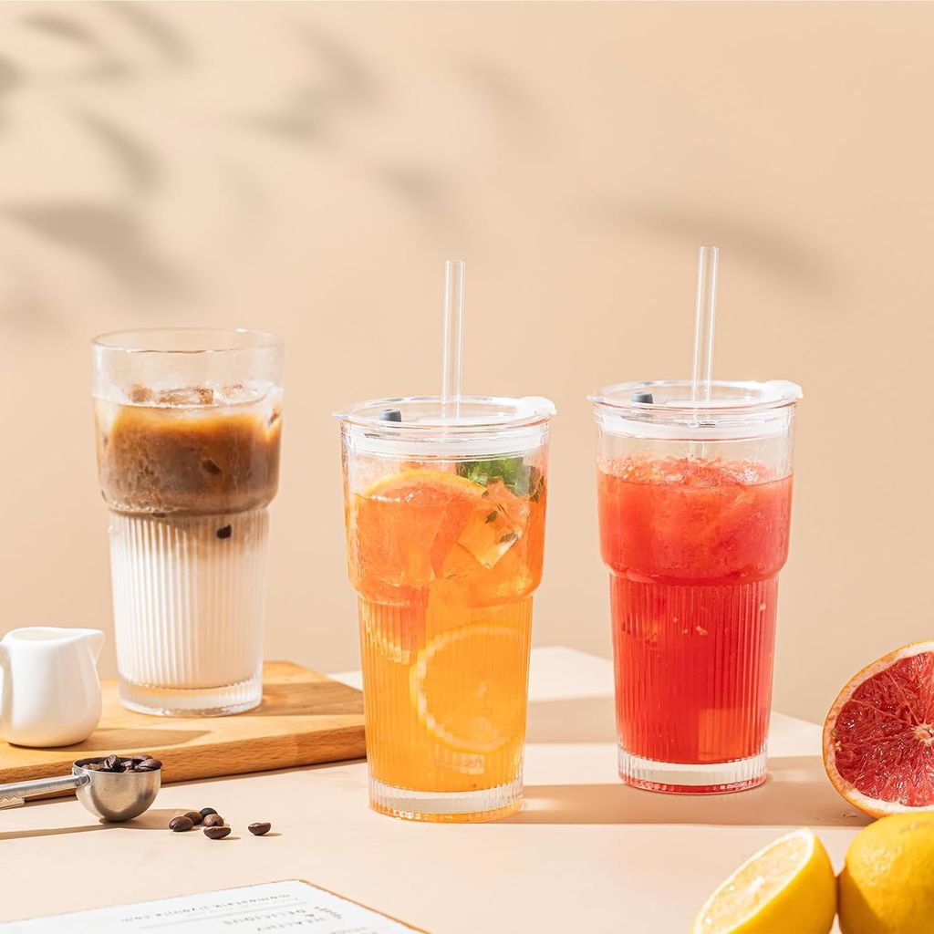 Elegant Ribbed Sipper Glass Long Mug 450 Ml Set of 1 with Reusable Glass Straw Stylish Vertical Lining Perfect for iced Coffee, Smoothies, Milkshakes, Juice, and Cold Beverages