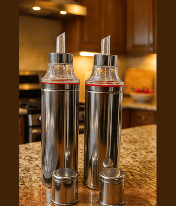 STEEPLE Oil Dispenser Steel Silver Oil Container ( Set of 2 )
