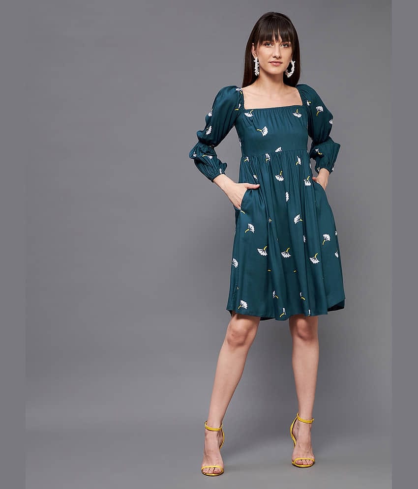 Miss Chase Women Viscose Printed Fit & Flare Dress ( Teal )