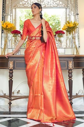 Deep Peach Kanjivaram Silk Saree