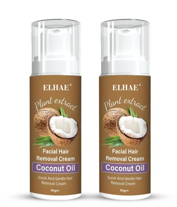 ELHAE Coconut Oil Hair Removal Cream Gentle & Alcohol-Free Hair Remover for Face & Lips, Smooth & Spotless Skin 50g Pack 2