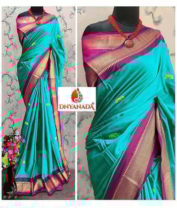 Mysstre Cotton Silk Woven Saree With Unstitched Blouse Piece ( Teal )