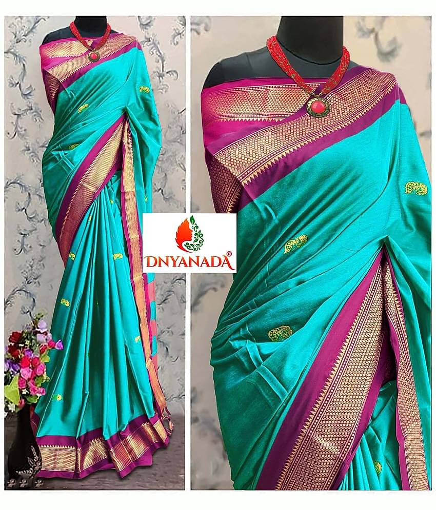 Mysstre Cotton Silk Woven Saree With Unstitched Blouse Piece ( Teal )