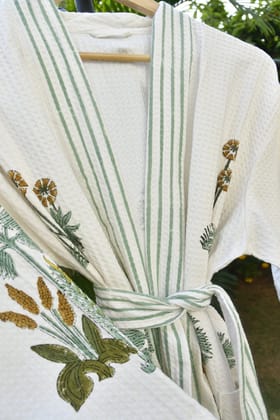 Yellow Green Buta Handblock Bathrobe