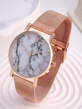 White Marble Analog Round Dial With Gold Metal Mesh Strap-Watches