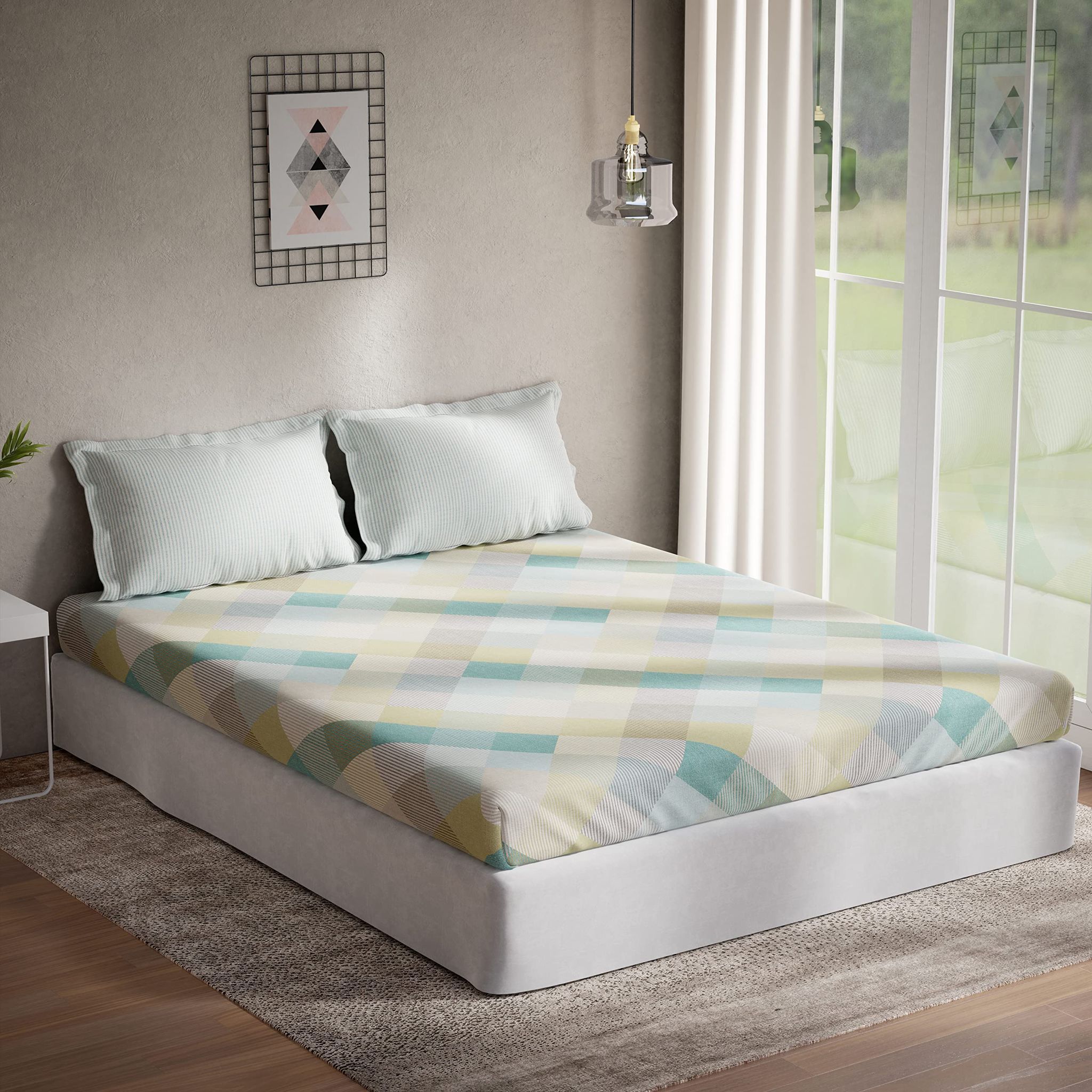 DDECOR - Optima Collection 100% Cotton Geometric Pattern 136TC Queen Bedsheet |224 CM X 254 CM| Green