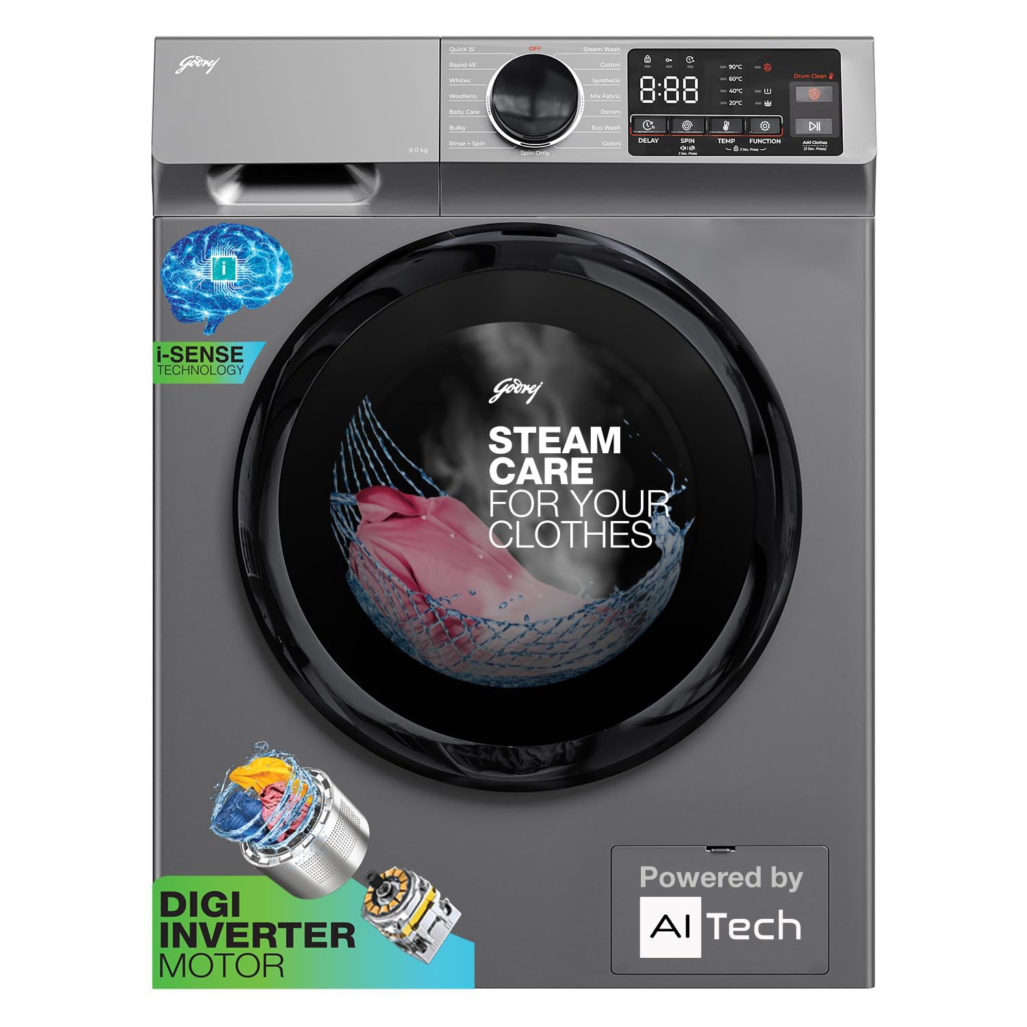 Godrej 10 Kg 5 Star, 4 Years comprehensive warranty, With AI Tech, Digi Inverter Fully-Automatic Front Load Washing Machine (WFEON CEL 1014 IEBT SLSR, Silver Stream, With Steam Wash)