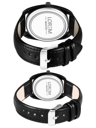 LOREM Couple Watches with Dial, Quartz Movement, Black Faux Leather Strap