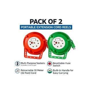 Pack of 2 Portable Extension Cord Reels 10 Meter (32ft) Retractable Cable with Multi-Purpose Sockets, Resettable Fuse Switch, and Built-In Carry Handle (Red & Green) Pack of 2 Portable Extension Cord Reels 10 Meter (32ft) Retractable Cable with Multi-Purpose Sockets, Resettable Fuse Switch, and Built-In Carry Handle (Red & Green)