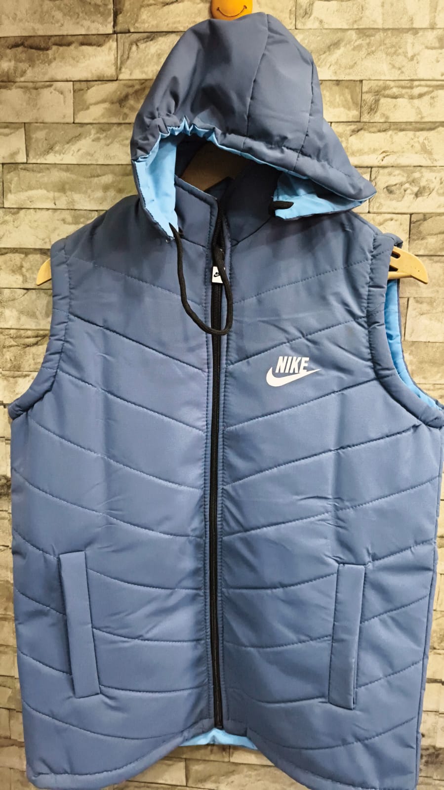 Mens Blue Hooded Sleeveless Puffer Jacket