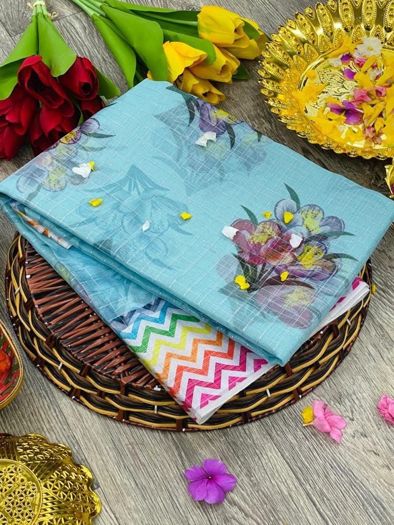 Multicolor Organza Chex Design Saree with Zigzag Border-Sky Blue