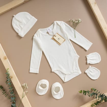 Poshaak Baby Bodysuit Set-Pearl White / 3-6 months with Cap Mittens and Booties
