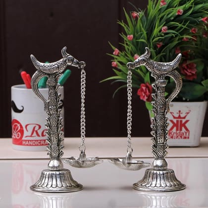 DreamKraft Silver Plated Metal Hanging Diya Pair - Parrot Design | Pack of 2 | Pillar Parrot Design | 7.5 Inches