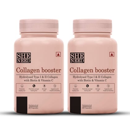 SheNeed Collagen Booster with Hydrolysed Collagen for Men & Women – 60 Capsules (Pack of 2)