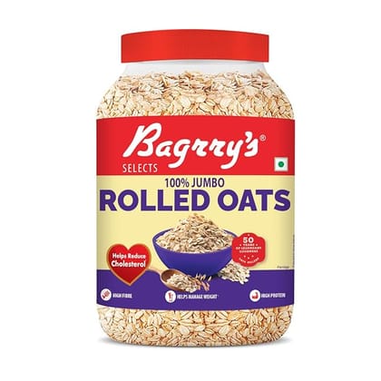 Bagrrys Rolled Oats - High Fibre, Protein Rich Breakfast Cereal, Wholegrain Breakfast, 1.2 kg Jar