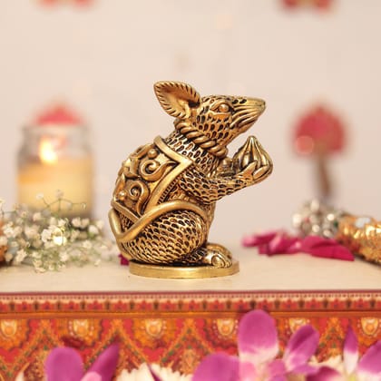 Exquisite Superfine Brass Rat Holding Modak In 4 Inches (10 Cm)