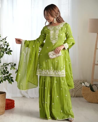 Womens Kurta Sharara Dupatta Set Pista Saiyaara Suit
