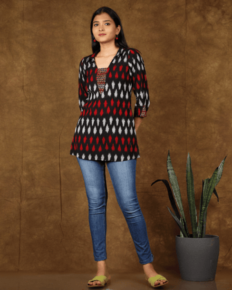 Red Ikat Embroidery Tunic-M