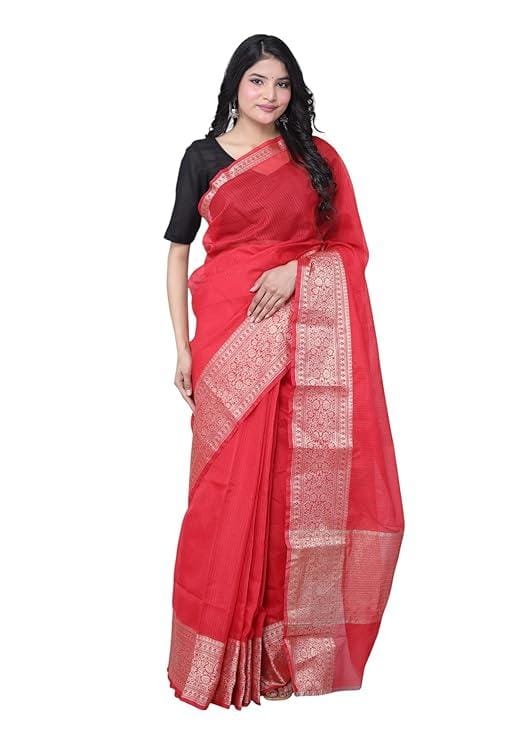 RAJGLOBAL Kota Doria Broad Zari Cotton Blend Saree