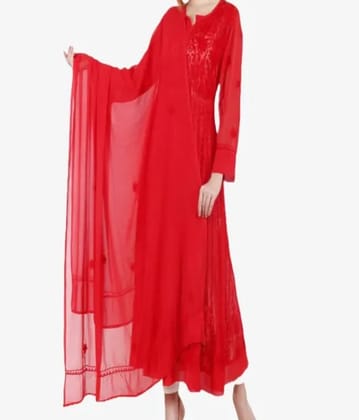 Lucknowi Chikankari Embroidery Georgette Anarkali Kurta with Traditional Lakhnavi Design in Red