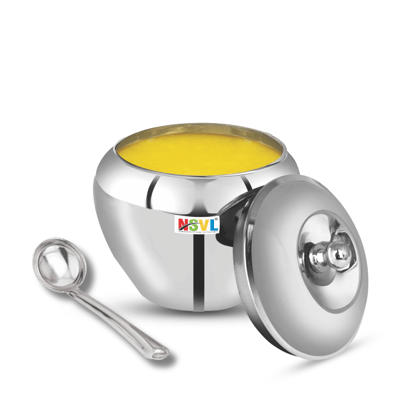 Nsvl Stainless Steel Multipurpose Ghee Pot/Pickle Container, 310 ml, With Spoon,(Apple design)-PACK OF 1