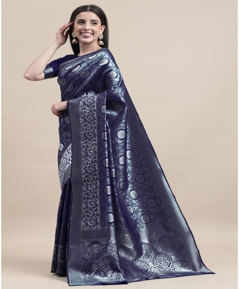 Women's Kanjivaram Silk Designer Silver Weaving Saree with Unstitched Blouse (Blue, 5.50 Mtrs)