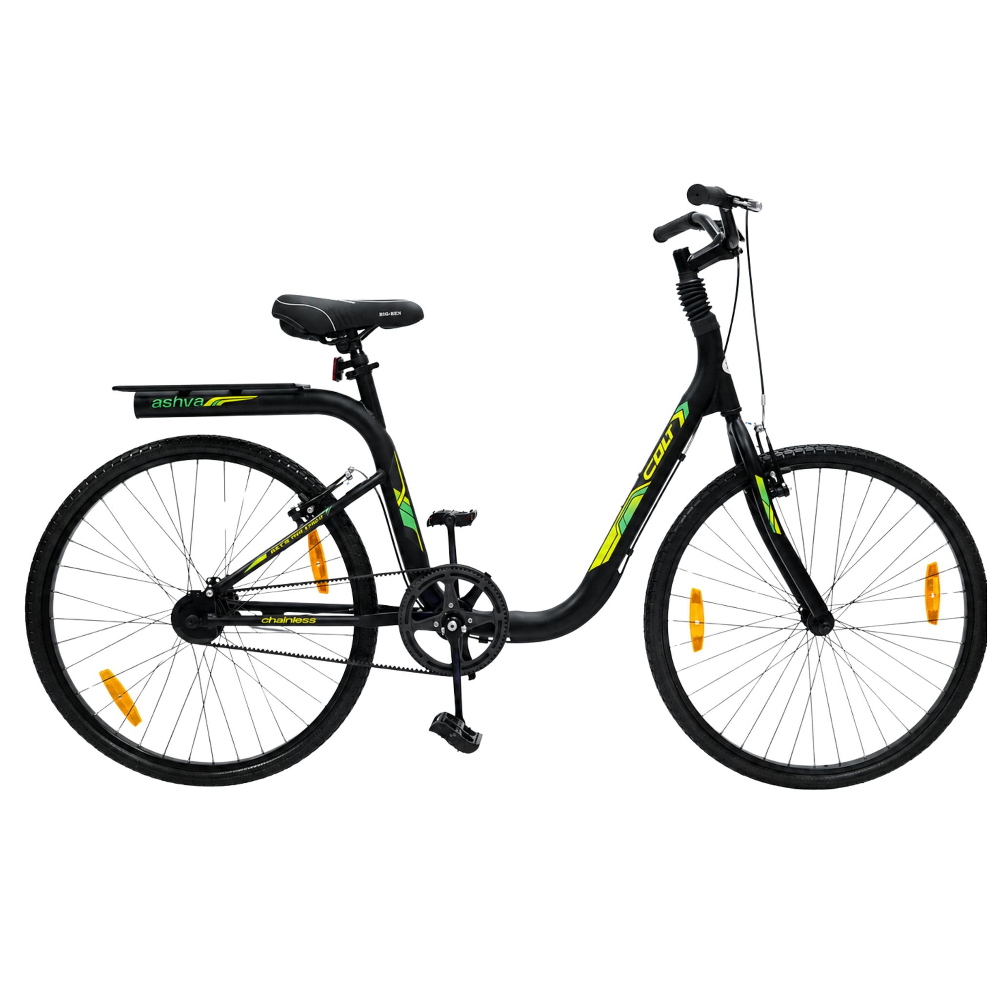 Steed Ashva Colt Single Speed Belt Drive Urban Cycle - Zero Lubrication 26" No Puncture Tyre (Black & Green)