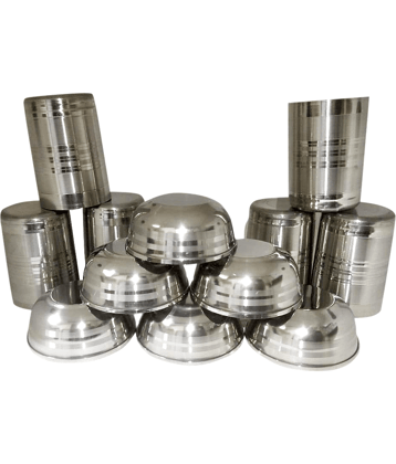 Dynore Round glass & bowls Steel Glasses 250 ml ( Pack of 12 ) Silver