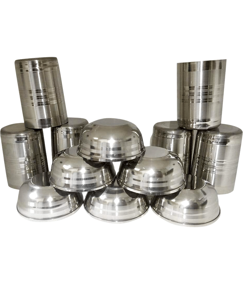 Dynore Round glass & bowls Steel Glasses 250 ml ( Pack of 12 ) Silver