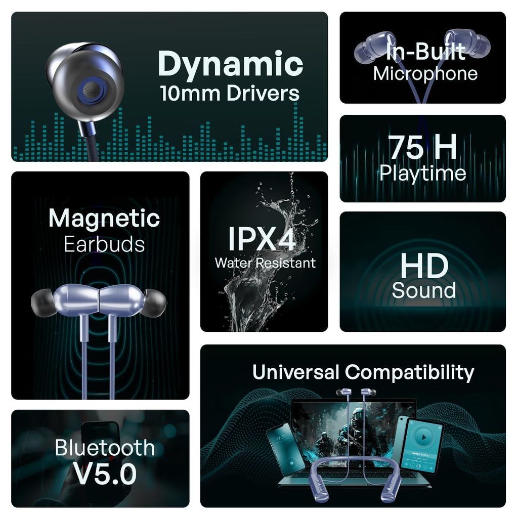 Cellecor BT-2 Waterproof Wireless Headphone with Big 75 Hours Playback time, Bluetooth V5.0, Voice assitance and Noise cancelation with inbuilt mic