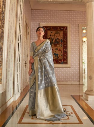 Grey Soft Silk Foil Printed Designer Saree