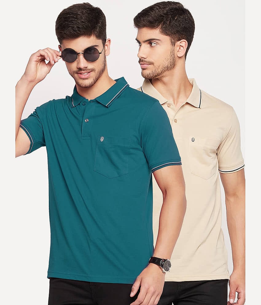 UNIBERRY Pack of 2 Cotton Blend Regular Fit Solid Half Sleeves Men's Polo T Shirt ( Teal Blue )