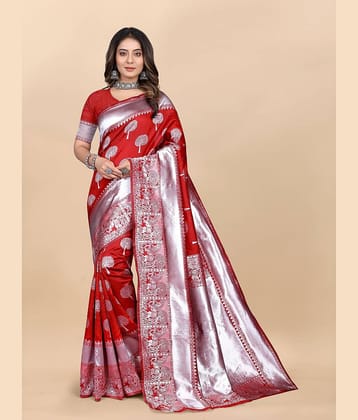 Gazal Fashions Banarasi Silk Embellished Saree With Unstitched Blouse Piece ( Red )