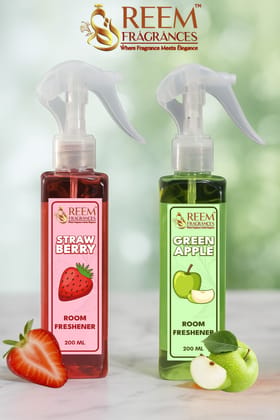 Reem Fragrances Room/Air Fresheners | 400 ml Combo (200 ml each) | Strawberry & Green Apple | Long Lasting & Gas Free Reem Fragrances Room/Air Fresheners | 400 ml Combo (200 ml each) | Strawberry & Green Apple | Long Lasting & Gas Free