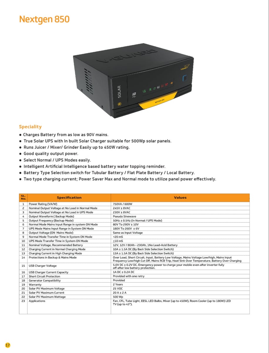 V-Guard Nextgen 850 Solar UPS (750VA / 600W) | True Solar UPS with Built-In Solar Charger | Reliable Power Backup