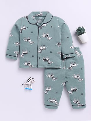Green Cotton Full Sleeves Animal Nightwear Set-6-9 m