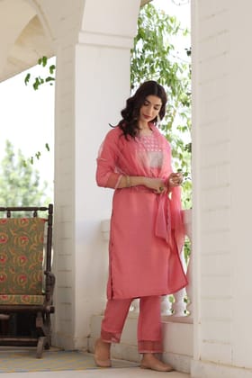 Pink Poly Silk Solid Sequin Straight Suit Set PKSKD1159