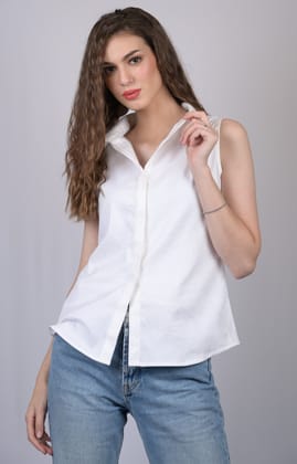 Women White Collared  Neck Regular Top (OTL-TPS1002)-White / XS